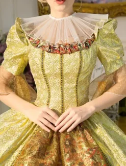 Victorian Dress Costume Women's Gold Retro Costume Baroque Squared Neckline Tunic Ball Gown half Sleeves Victorian era Clothing Retro Costumes Dress