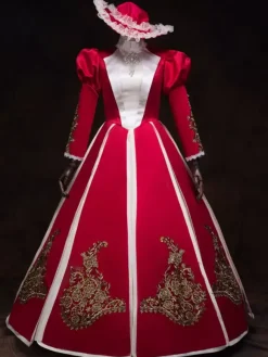 Victorian Dress Costume Women's Red Stand Collar Bubble Long sleeves Baroque Masquerade Ball Gowns Victorian Era Clothing Retro Costumes Burgundy