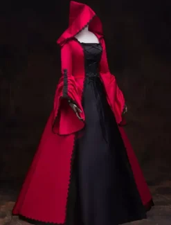 Victorian Dress Costume Women's Red Hooded Masquerade Ball Gowns Royal Long Trumpet sleeves Victoria Era Clothing retro Costume Burgundy