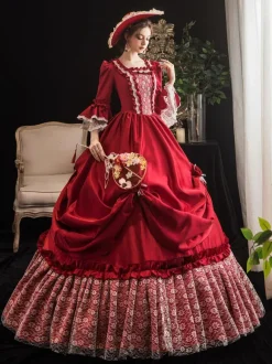 Victorian Dress Costumes Women's Red Trumpet Short Sleeves Victorian era Clothing Marie Antoinette Costume Dress Vintage Clothing Burgundy