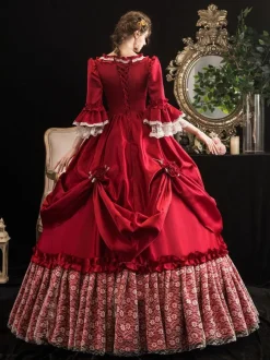 Victorian Dress Costumes Women's Red Trumpet Short Sleeves Victorian era Clothing Marie Antoinette Costume Dress Vintage Clothing Burgundy
