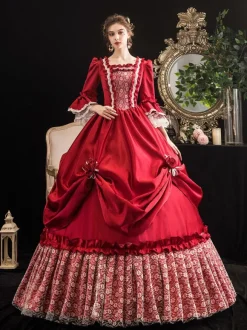 Victorian Dress Costumes Women's Red Trumpet Short Sleeves Victorian era Clothing Marie Antoinette Costume Dress Vintage Clothing Burgundy