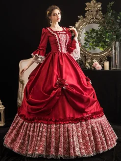 Victorian Dress Costumes Women's Red Trumpet Short Sleeves Victorian era Clothing Marie Antoinette Costume Dress Vintage Clothing Burgundy