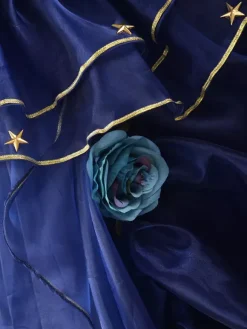 Victorian Dress Dark Blue Ruffle Flowers Beaded Ball Gown Dress Slevessless Costume