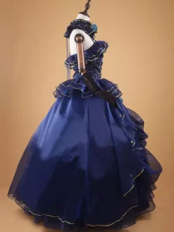 Victorian Dress Dark Blue Ruffle Flowers Beaded Ball Gown Dress Slevessless Costume
