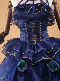 Victorian Dress Dark Blue Ruffle Flowers Beaded Ball Gown Dress Slevessless Costume