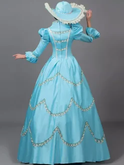 Victorian Dress Light Sky Blue Lace Flowers Ruffles Vintage Costumes Set