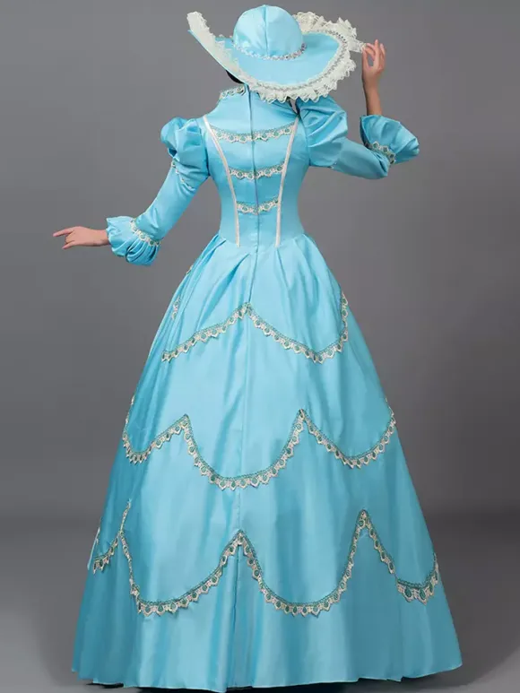 Victorian Dress Light Sky Blue Lace Flowers Ruffles Vintage Costumes Set