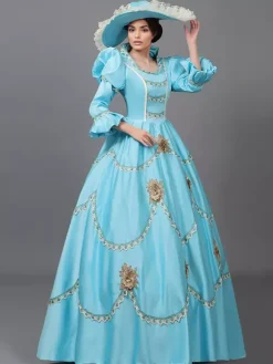 Victorian Dress Light Sky Blue Lace Flowers Ruffles Vintage Costumes Set