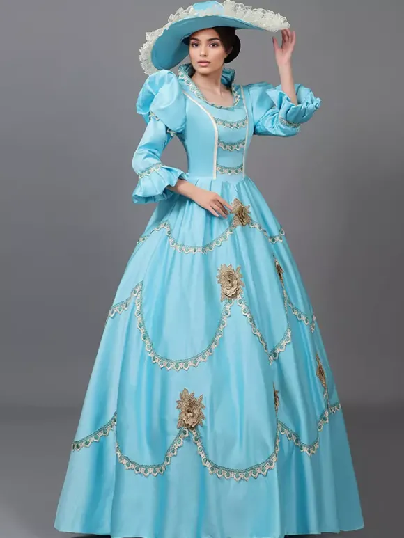 Victorian Dress Light Sky Blue Lace Flowers Ruffles Vintage Costumes Set