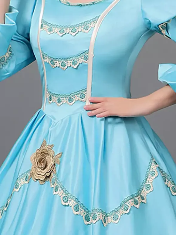Victorian Dress Light Sky Blue Lace Flowers Ruffles Vintage Costumes Set