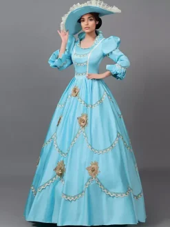 Victorian Dress Light Sky Blue Lace Flowers Ruffles Vintage Costumes Set