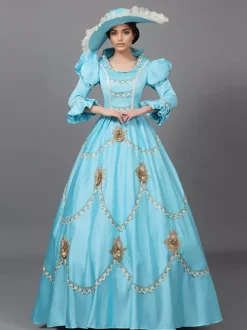 Victorian Dress Light Sky Blue Lace Flowers Ruffles Vintage Costumes Set