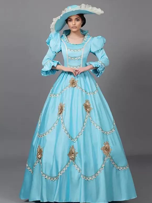 Victorian Dress Light Sky Blue Lace Flowers Ruffles Vintage Costumes Set