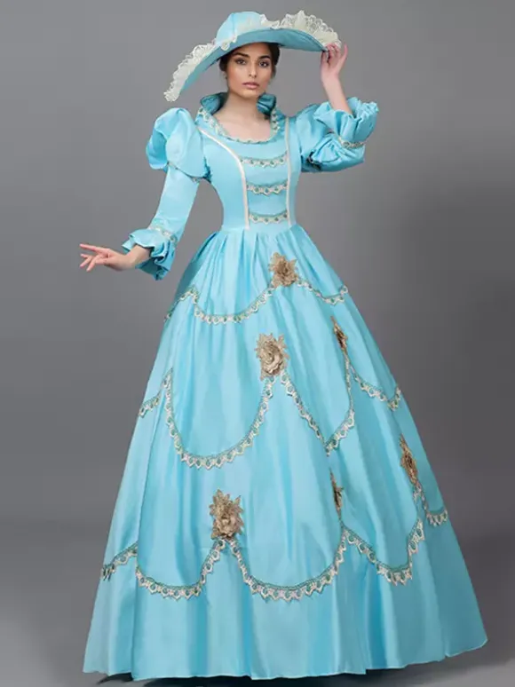 Victorian Dress Light Sky Blue Lace Flowers Ruffles Vintage Costumes Set