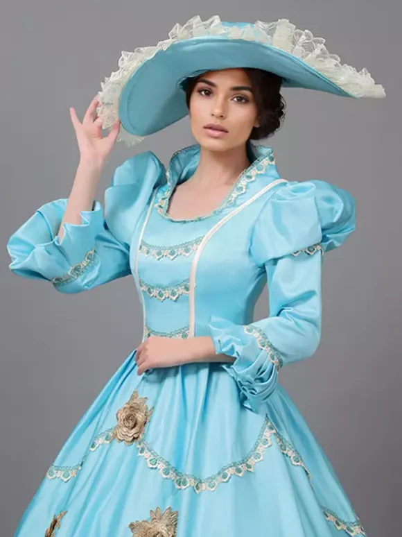 Victorian Dress Light Sky Blue Lace Flowers Ruffles Vintage Costumes Set