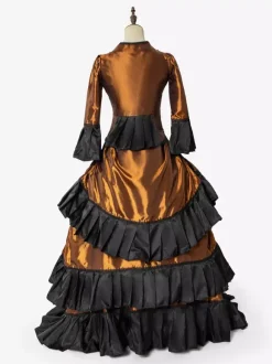 Victorian Dress Sets Vintage Style Orange Ruffles Long Sleeves Classic Retro Dress Set