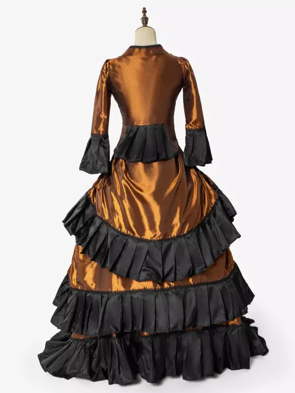 Victorian Dress Sets Vintage Style Orange Ruffles Long Sleeves Classic Retro Dress Set