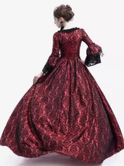 Victorian Retro Tudor Dress Gothic Trumpet Long sleeves Royal Blue Ball Gown Square neckline Costumes Burgundy