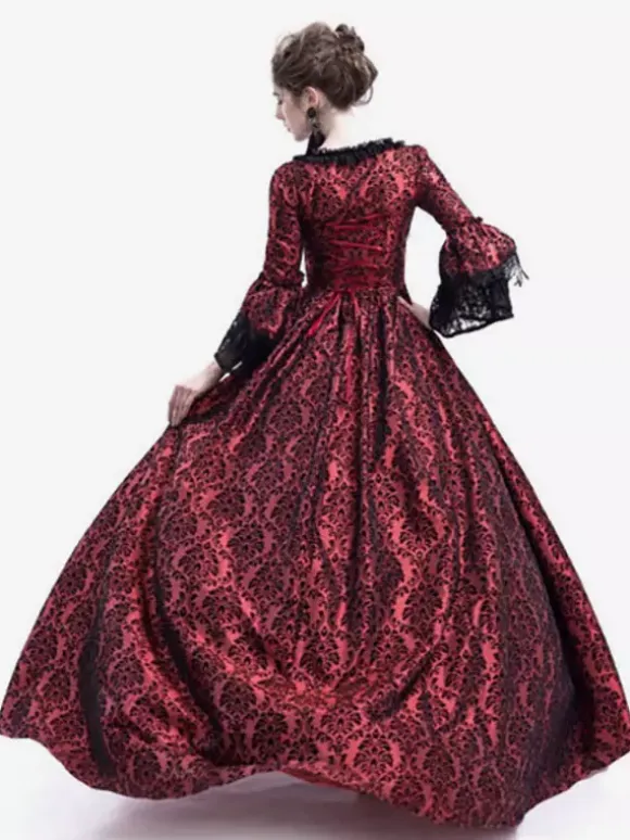 Victorian Retro Tudor Dress Gothic Trumpet Long sleeves Royal Blue Ball Gown Square neckline Costumes Burgundy