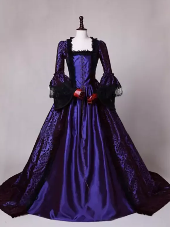 Victorian Retro Tudor Dress Gothic Trumpet Long sleeves Royal Blue Ball Gown Square neckline Costumes Burgundy