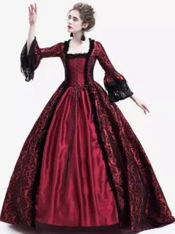 Victorian Retro Tudor Dress Gothic Trumpet Long sleeves Royal Blue Ball Gown Square neckline Costumes Burgundy