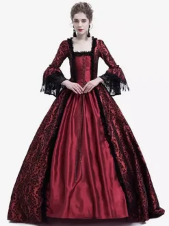 Victorian Retro Tudor Dress Gothic Trumpet Long sleeves Royal Blue Ball Gown Square neckline Costumes Burgundy