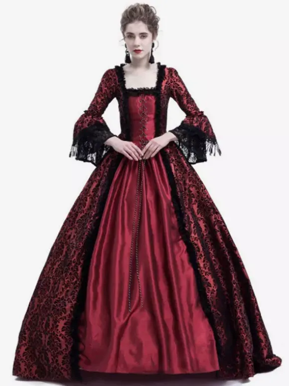 Victorian Retro Tudor Dress Gothic Trumpet Long sleeves Royal Blue Ball Gown Square neckline Costumes Burgundy