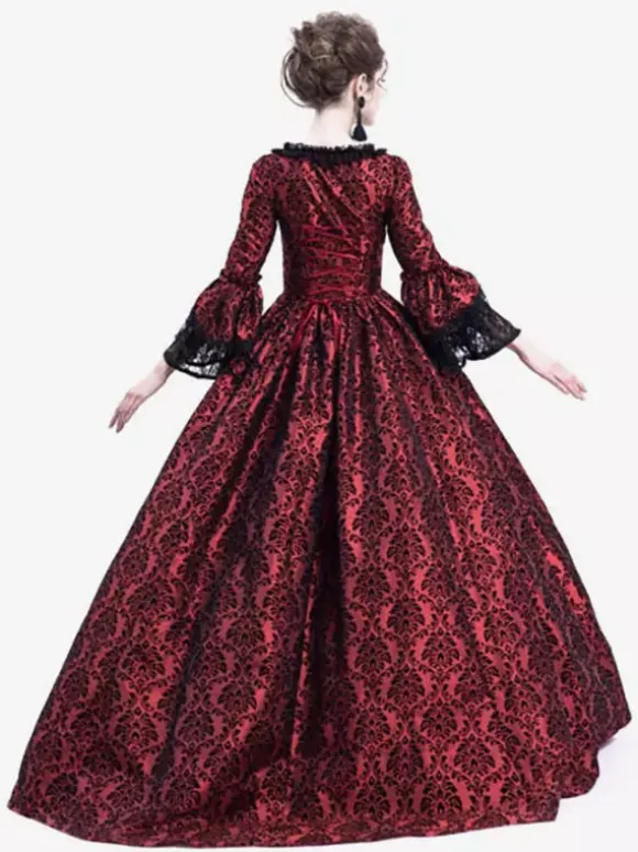 Victorian Retro Tudor Dress Gothic Trumpet Long sleeves Royal Blue Ball Gown Square neckline Costumes Burgundy