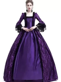 Victorian Retro Tudor Dress Gothic Trumpet Long sleeves Royal Blue Ball Gown Square neckline Costumes Burgundy