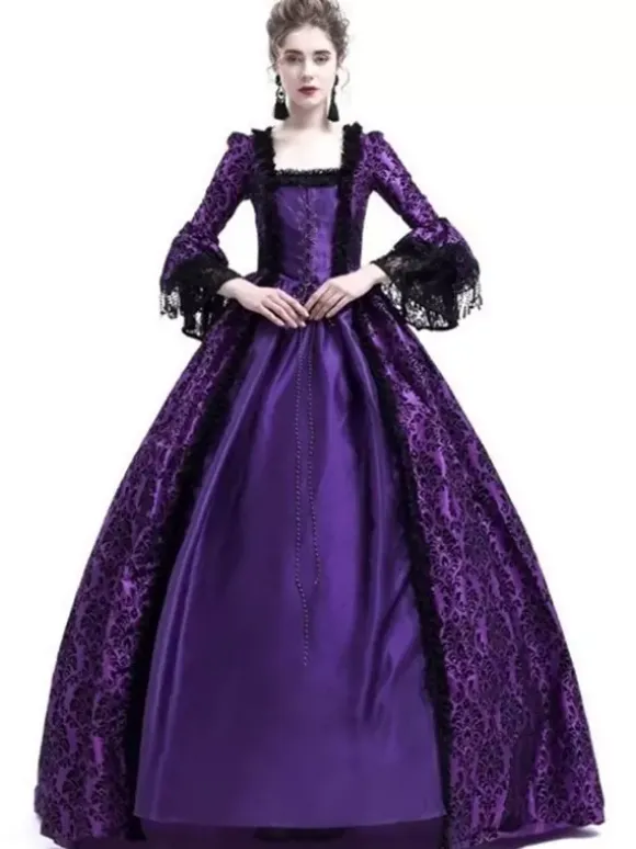 Victorian Retro Tudor Dress Gothic Trumpet Long sleeves Royal Blue Ball Gown Square neckline Costumes Burgundy