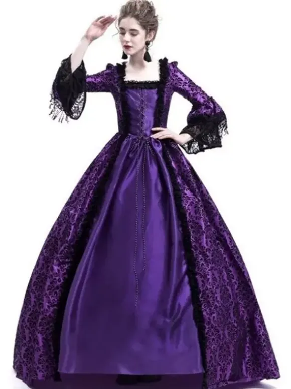 Victorian Retro Tudor Dress Gothic Trumpet Long sleeves Royal Blue Ball Gown Square neckline Costumes Burgundy