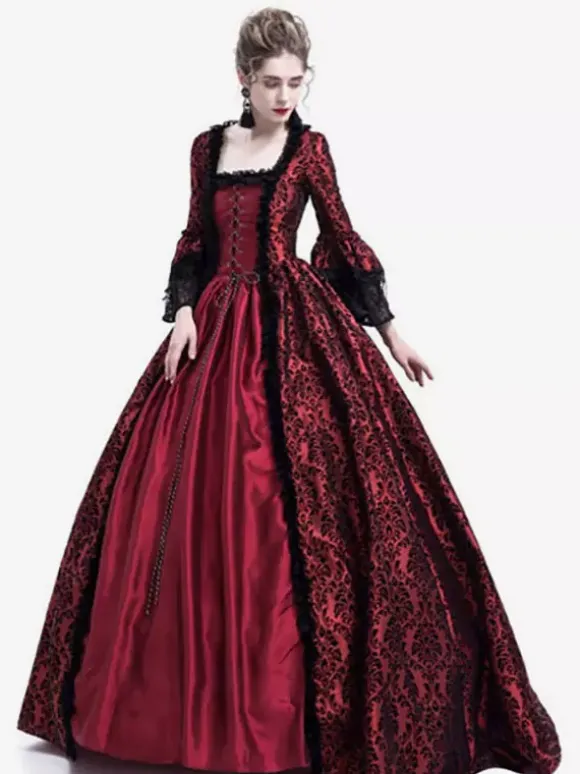 Victorian Retro Tudor Dress Gothic Trumpet Long sleeves Royal Blue Ball Gown Square neckline Costumes Burgundy