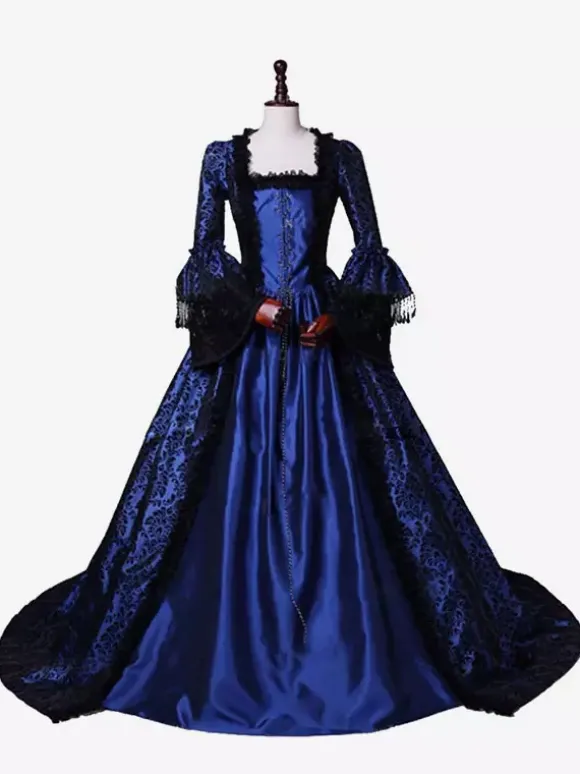 Victorian Retro Tudor Dress Gothic Trumpet Long sleeves Royal Blue Ball Gown Square neckline Costumes Burgundy