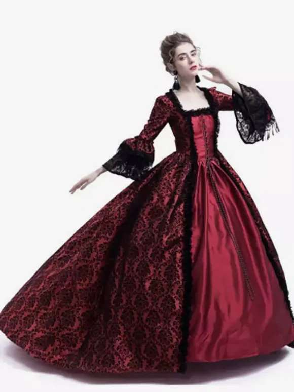Victorian Retro Tudor Dress Gothic Trumpet Long sleeves Royal Blue Ball Gown Square neckline Costumes Burgundy