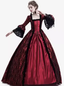 Victorian Retro Tudor Dress Gothic Trumpet Long sleeves Royal Blue Ball Gown Square neckline Costumes Burgundy