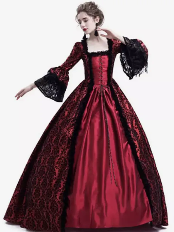 Victorian Retro Tudor Dress Gothic Trumpet Long sleeves Royal Blue Ball Gown Square neckline Costumes Burgundy
