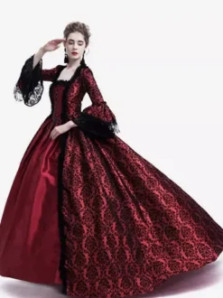 Victorian Retro Tudor Dress Gothic Trumpet Long sleeves Royal Blue Ball Gown Square neckline Costumes Burgundy