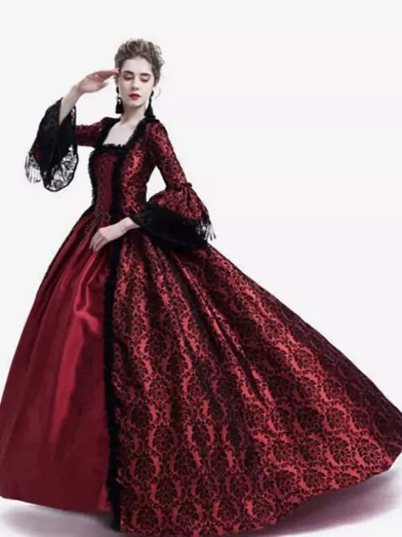 Victorian Retro Tudor Dress Gothic Trumpet Long sleeves Royal Blue Ball Gown Square neckline Costumes Burgundy