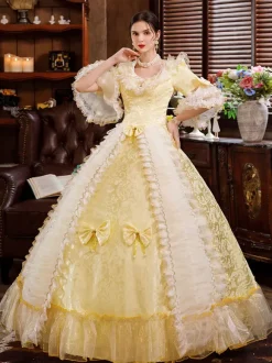 Victorian Retro Tudor Dress Costume White Rococo Lace Long Flared Sleeves Tunic Ball Gown Retro Tudor Dress Costumes With Bows