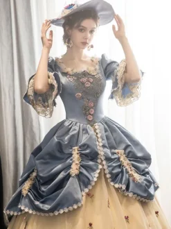 Victorian Retro Tudor Dress Costumes Women's Rococo Floral Print trumpet Short Sleeves Square Neckline Champagne Marie Antoinette Costume Masquerade Ball Gown Dress