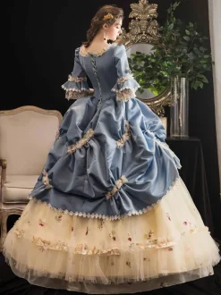 Victorian Retro Tudor Dress Costumes Women's Rococo Floral Print trumpet Short Sleeves Square Neckline Champagne Marie Antoinette Costume Masquerade Ball Gown Dress