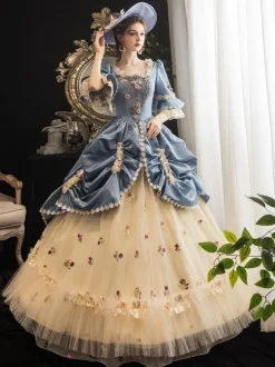 Victorian Retro Tudor Dress Costumes Women's Rococo Floral Print trumpet Short Sleeves Square Neckline Champagne Marie Antoinette Costume Masquerade Ball Gown Dress