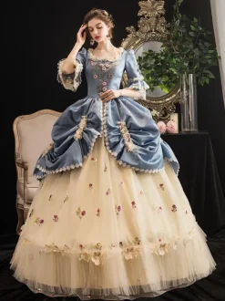 Victorian Retro Tudor Dress Costumes Women's Rococo Floral Print trumpet Short Sleeves Square Neckline Champagne Marie Antoinette Costume Masquerade Ball Gown Dress