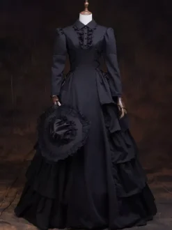 Victorian Retro Tudor Dress Costume Women's Black Retro Long Sleeves Ball Gown Lapel Marie Antoinette Costume Dress Victorian Era Style Outfits Costumes
