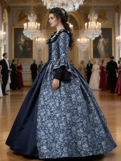 Victorian Retro Tudor Dress Costume Women's Marie Antoinette Dark Navy Ball Gown Floral Print Square Neckline Long Sleeves Victorian Era Style Vintage Dress