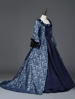Victorian Retro Tudor Dress Costume Women's Marie Antoinette Dark Navy Ball Gown Floral Print Square Neckline Long Sleeves Victorian Era Style Vintage Dress