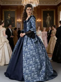 Victorian Retro Tudor Dress Costume Women's Marie Antoinette Dark Navy Ball Gown Floral Print Square Neckline Long Sleeves Victorian Era Style Vintage Dress