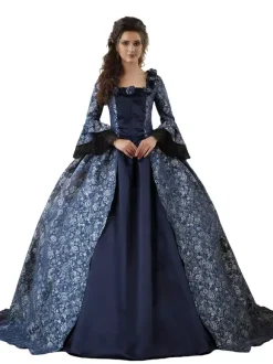 Victorian Retro Tudor Dress Costume Women's Marie Antoinette Dark Navy Ball Gown Floral Print Square Neckline Long Sleeves Victorian Era Style Vintage Dress