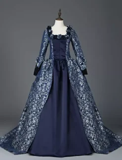 Victorian Retro Tudor Dress Costume Women's Marie Antoinette Dark Navy Ball Gown Floral Print Square Neckline Long Sleeves Victorian Era Style Vintage Dress